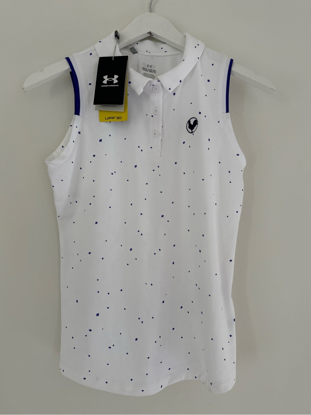 Under Armour Girls Golf White and Purple Sleeveless Top and tournament logo -YL